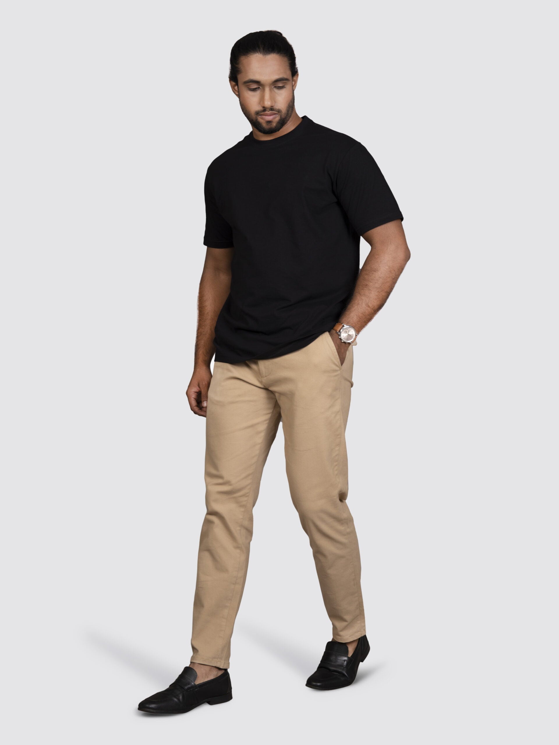 White Black Shirt with Beige Trouser Minimalist Style