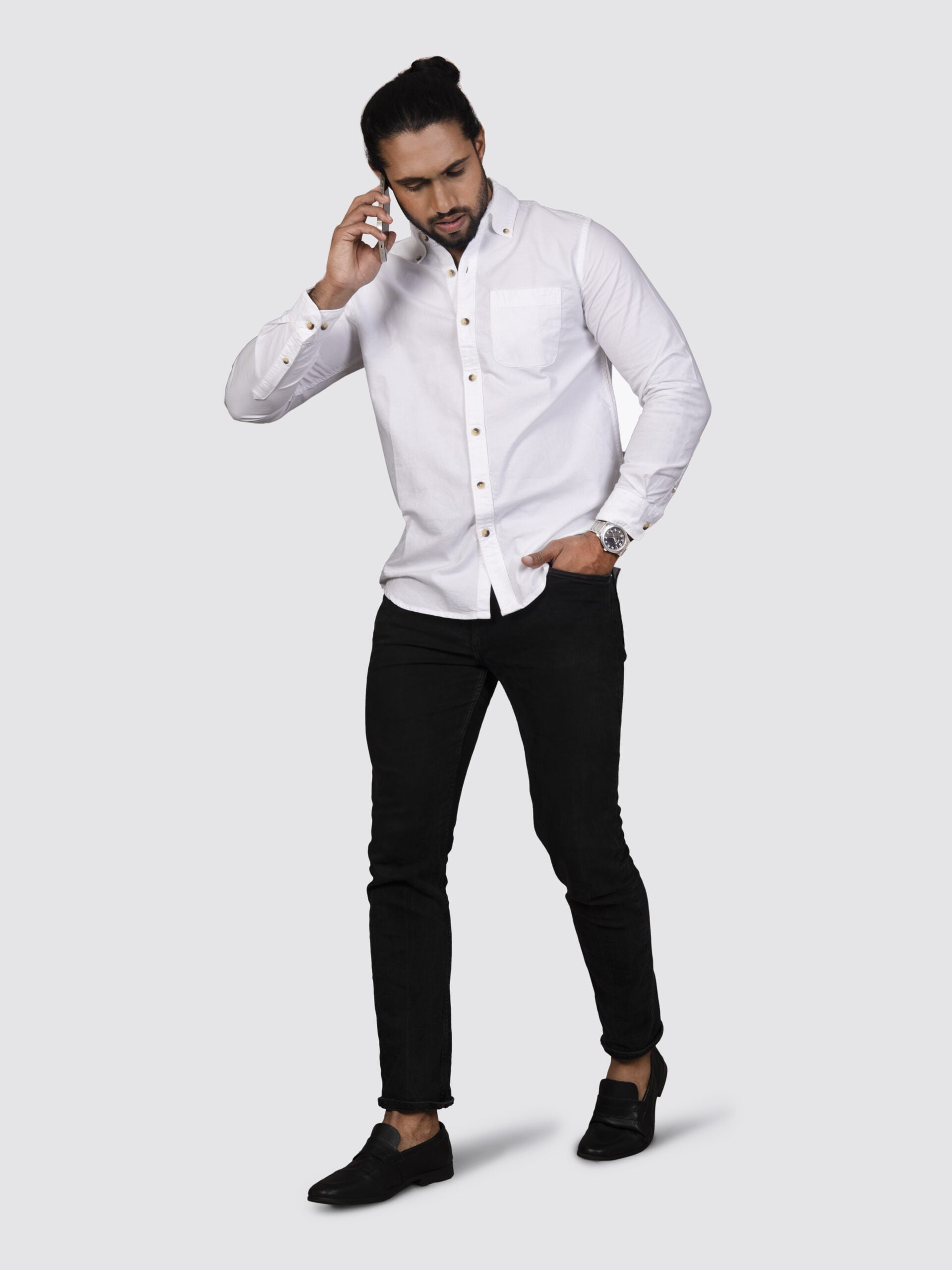 White and Black Shirt with Beige Trousers – - Main Image